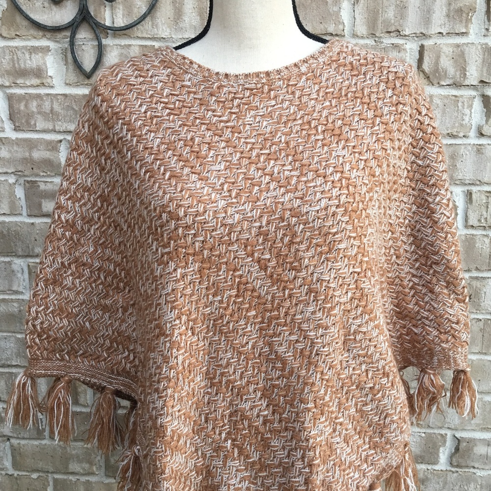 BOHO Cape Poncho Style & Co. with Tassel Fringe, Tan/ Camel and White Marled …